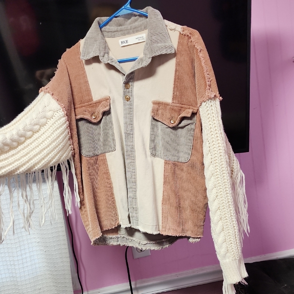 BKE Women's Corduroy and Knit Jacket - Cream, Brown, Tan